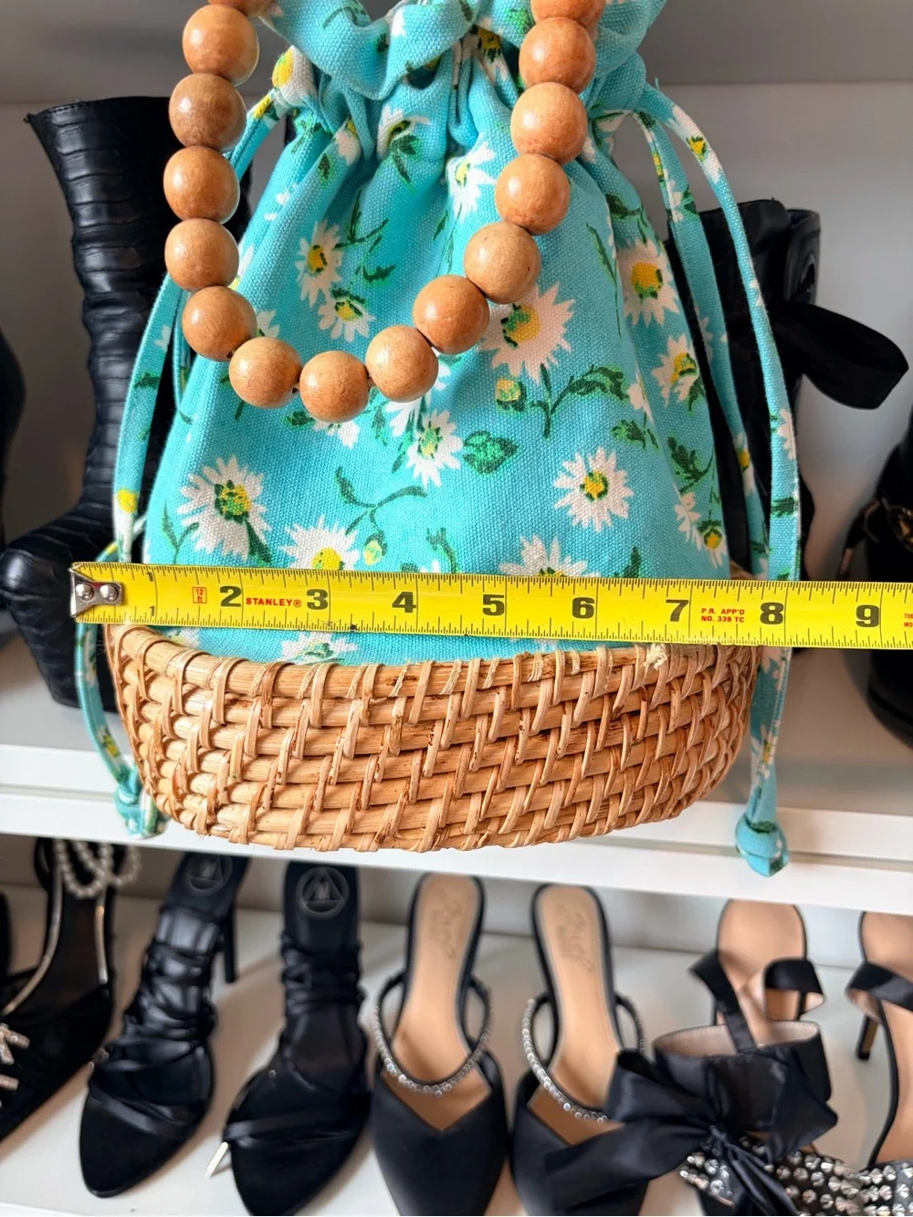 C&C California Blue Daisy Woven Bucket Bag with Tan Strap